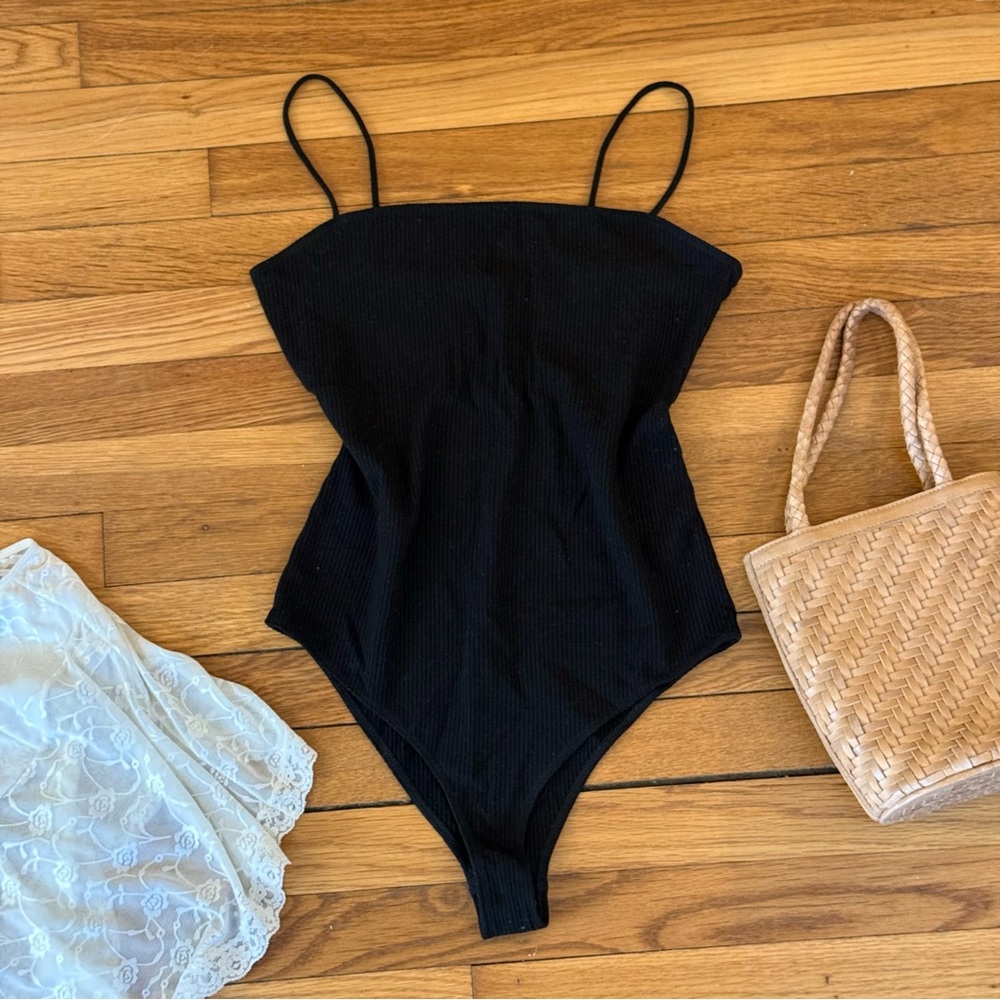 Reformation Crystal Black Ribbed Square Neck Bodysuit